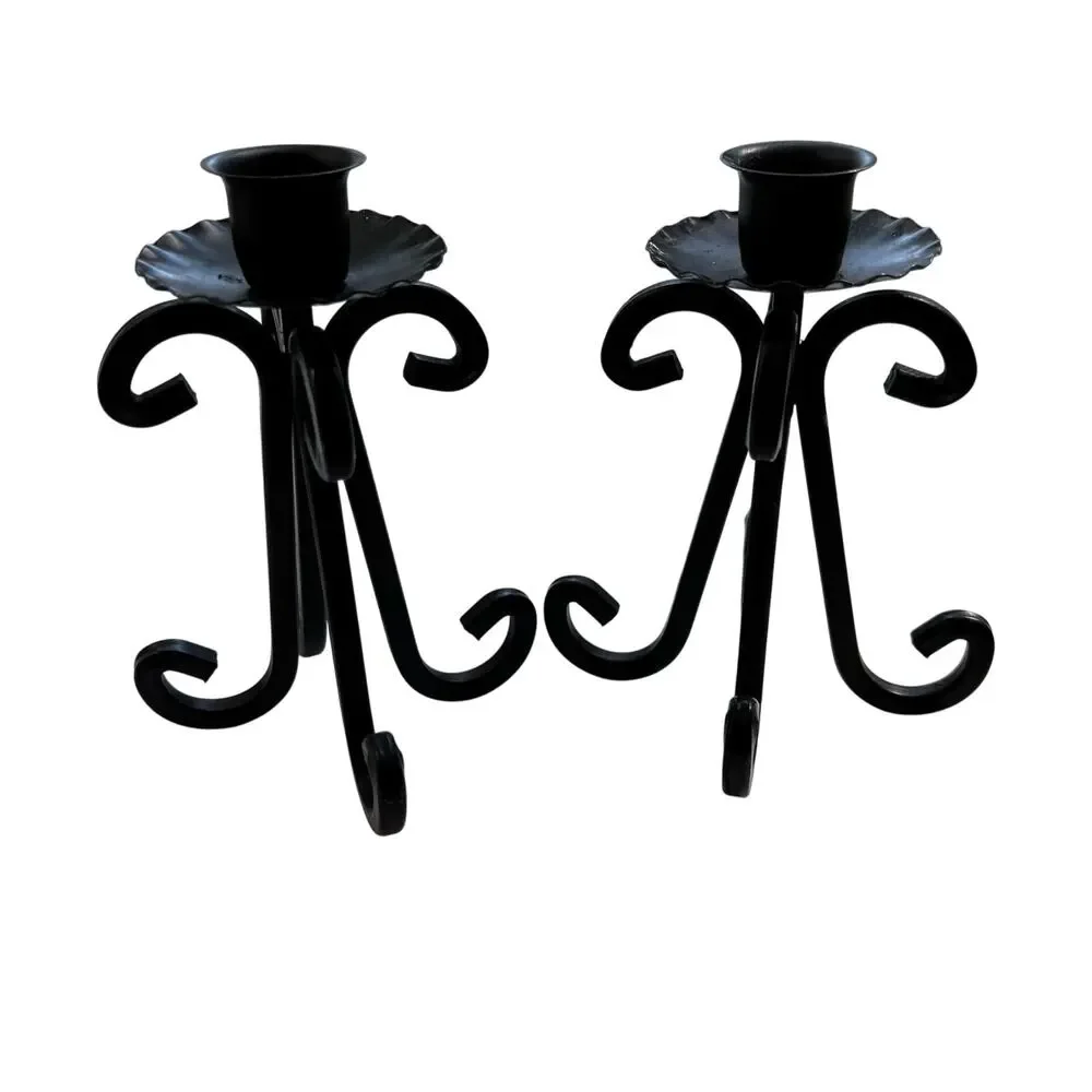 Vintage black wrought iron taper candle holders PAIR Spanish Revival mid century